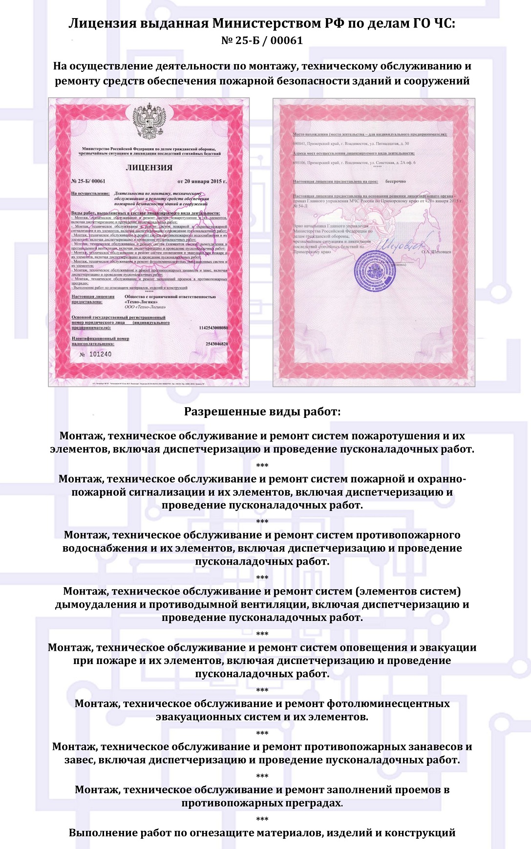 Лицензия МЧС России на монтаж и обслуживание средств пожарной безопасности — ООО «Техно-Логика»